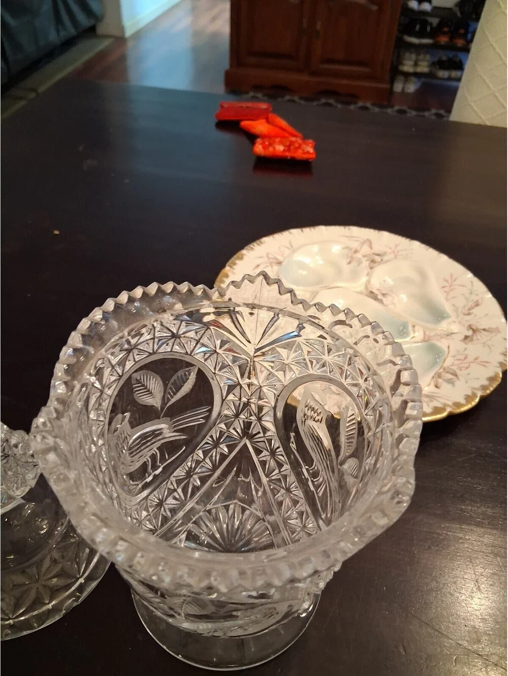 Vintage Cut Glass Covered Sugar Bowl with Bird Motif